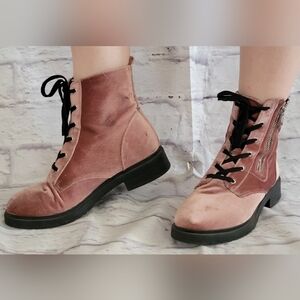 Metaphor Velvet Lace-Up Combat Boots - Pink